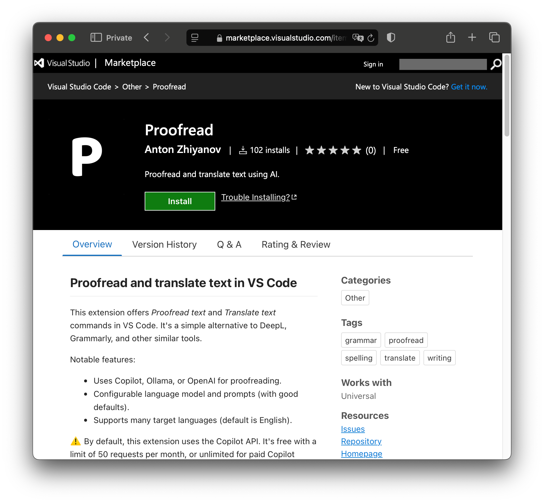 Расширение Proofread в VS Code